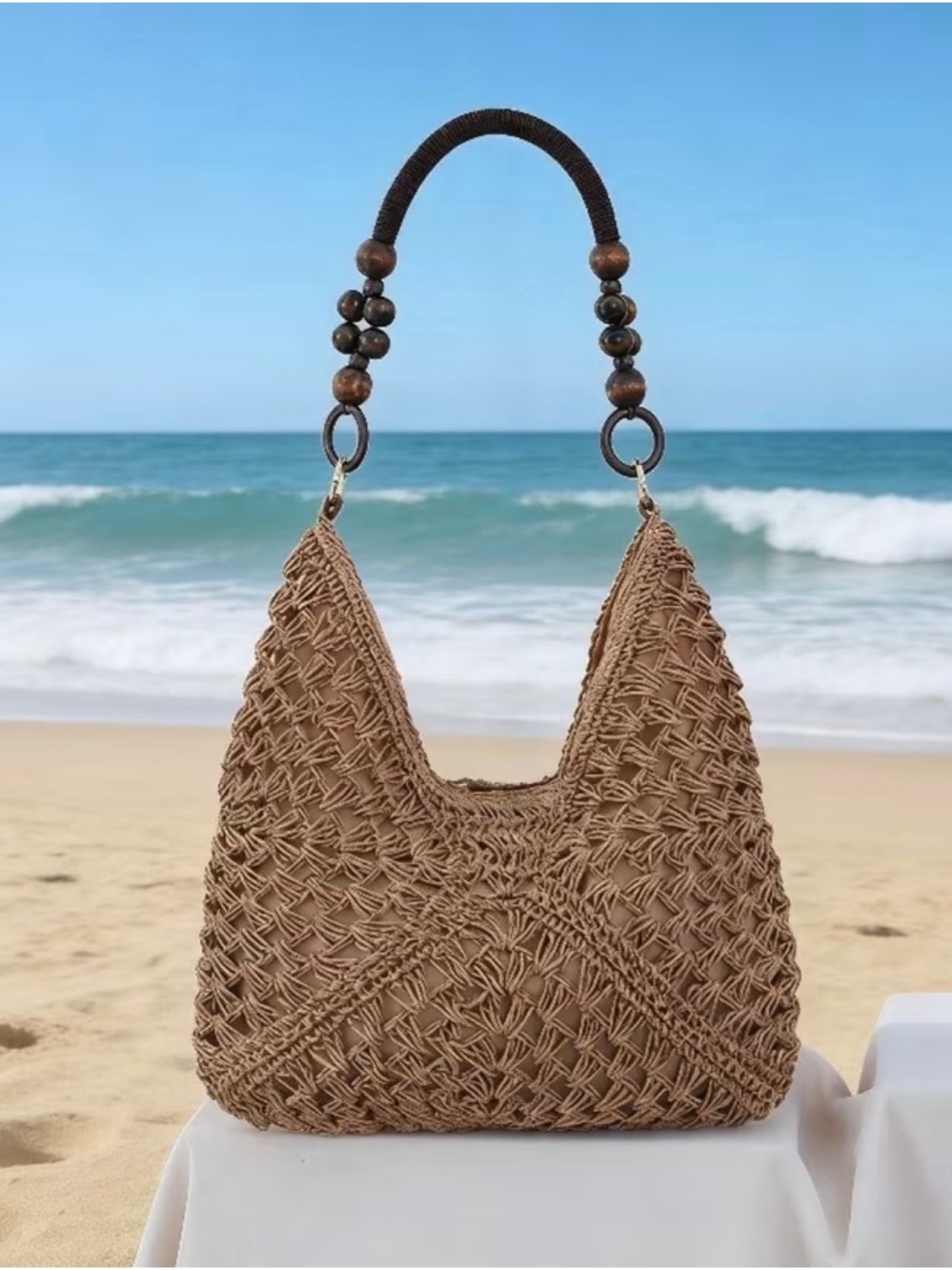 Handwoven Brown Straw Shoulder Bag with Beaded Handle NWOT